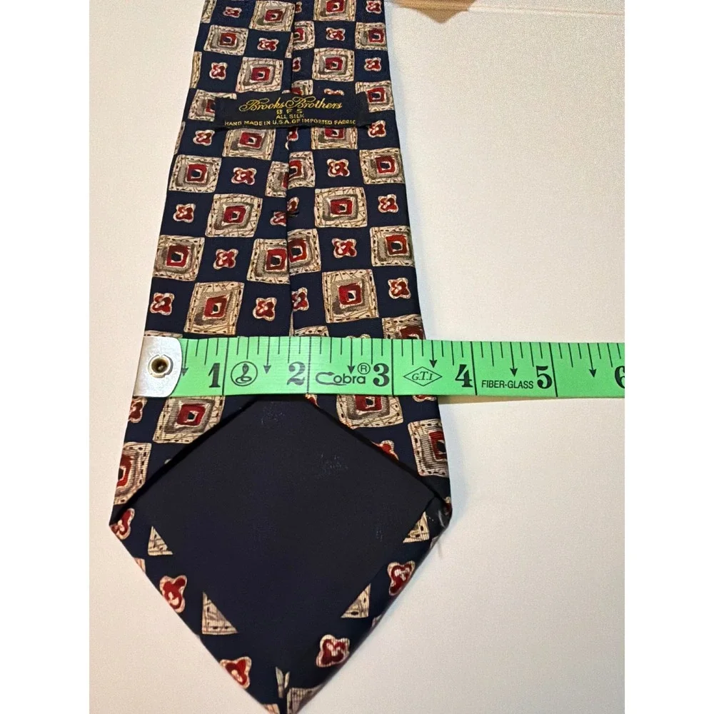 Brooks Brothers Silk Tie Tan Navy Blue Red‎ Geometric Square Preppy Classic